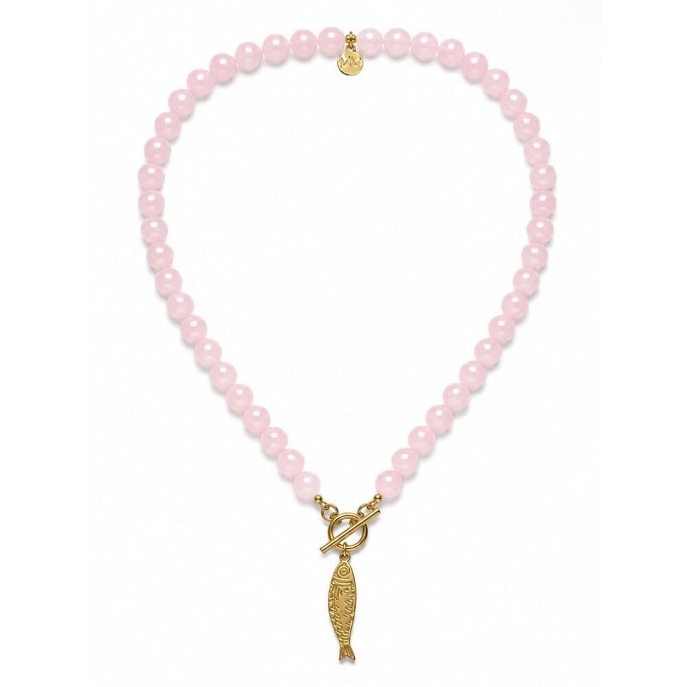 Gold Fish Charm Pink Beaded Necklace